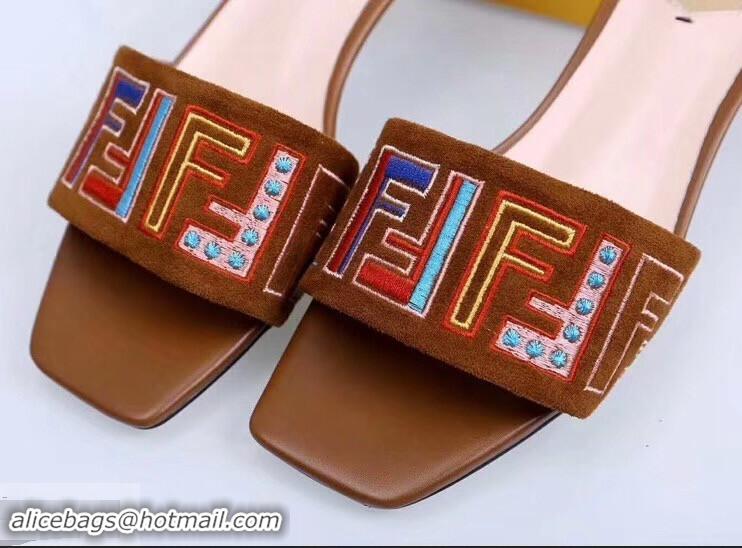 Affordable Price Fendi Heel 3.5cm Square-Toe Multicolour FF Logo Slides F93124 Brown 2019