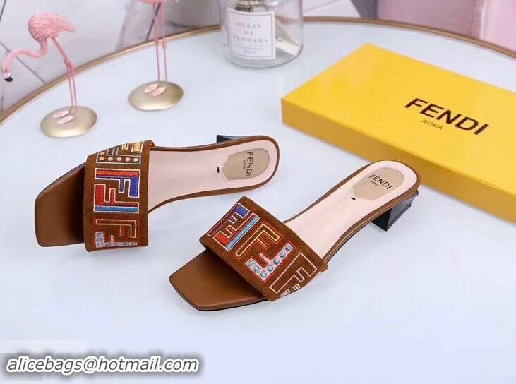 Affordable Price Fendi Heel 3.5cm Square-Toe Multicolour FF Logo Slides F93124 Brown 2019