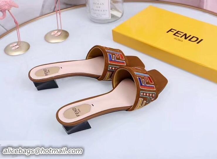 Affordable Price Fendi Heel 3.5cm Square-Toe Multicolour FF Logo Slides F93124 Brown 2019