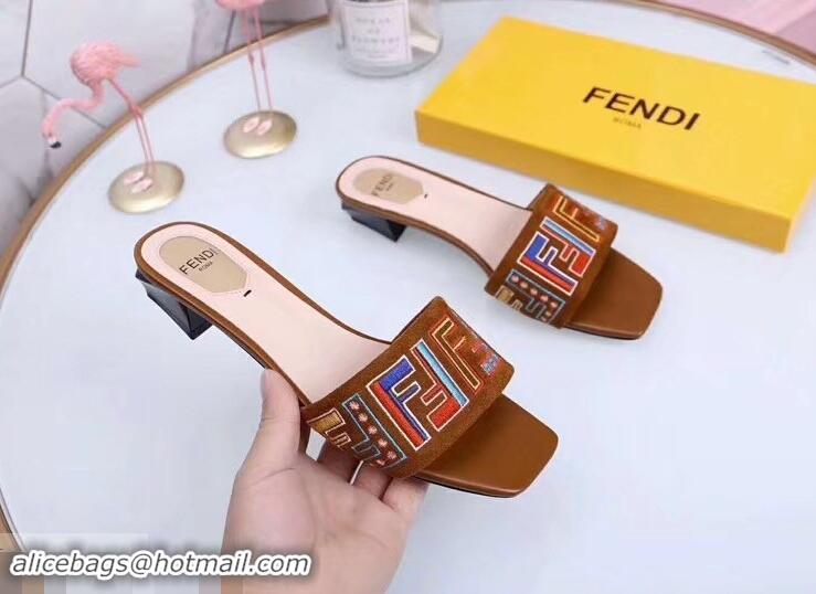 Affordable Price Fendi Heel 3.5cm Square-Toe Multicolour FF Logo Slides F93124 Brown 2019