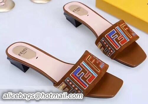 Affordable Price Fendi Heel 3.5cm Square-Toe Multicolour FF Logo Slides F93124 Brown 2019