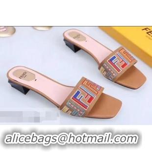 Shop Cheap Fendi Heel 3.5cm Square-Toe Multicolour FF Logo Slides F93124 Apricot 2019