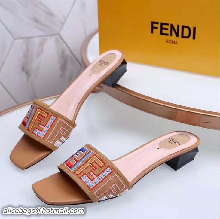 Shop Cheap Fendi Heel 3.5cm Square-Toe Multicolour FF Logo Slides F93124 Apricot 2019