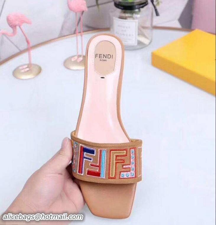 Shop Cheap Fendi Heel 3.5cm Square-Toe Multicolour FF Logo Slides F93124 Apricot 2019