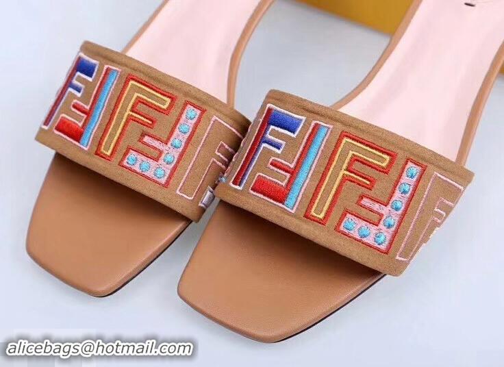 Shop Cheap Fendi Heel 3.5cm Square-Toe Multicolour FF Logo Slides F93124 Apricot 2019