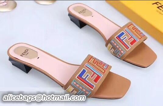 Shop Cheap Fendi Heel 3.5cm Square-Toe Multicolour FF Logo Slides F93124 Apricot 2019