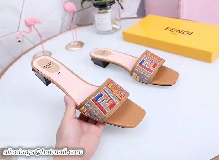 Shop Cheap Fendi Heel 3.5cm Square-Toe Multicolour FF Logo Slides F93124 Apricot 2019