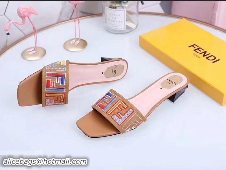 Shop Cheap Fendi Heel 3.5cm Square-Toe Multicolour FF Logo Slides F93124 Apricot 2019