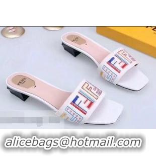 Inexpensive Fendi Heel 3.5cm Square-Toe Multicolour FF Logo Slides F93124 White 2019