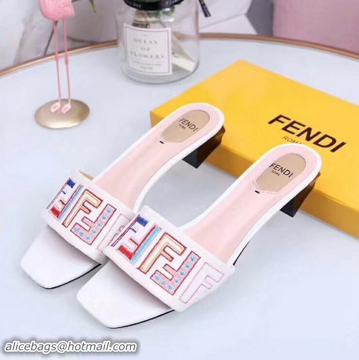 Inexpensive Fendi Heel 3.5cm Square-Toe Multicolour FF Logo Slides F93124 White 2019