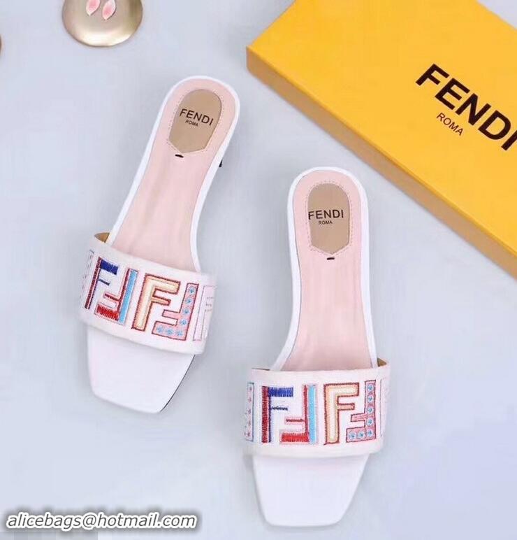 Inexpensive Fendi Heel 3.5cm Square-Toe Multicolour FF Logo Slides F93124 White 2019