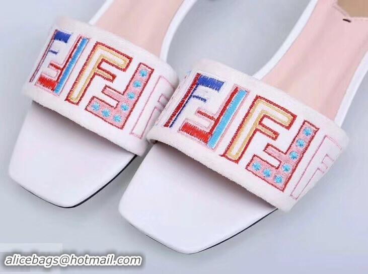 Inexpensive Fendi Heel 3.5cm Square-Toe Multicolour FF Logo Slides F93124 White 2019