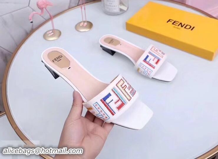 Inexpensive Fendi Heel 3.5cm Square-Toe Multicolour FF Logo Slides F93124 White 2019