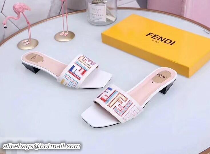 Inexpensive Fendi Heel 3.5cm Square-Toe Multicolour FF Logo Slides F93124 White 2019