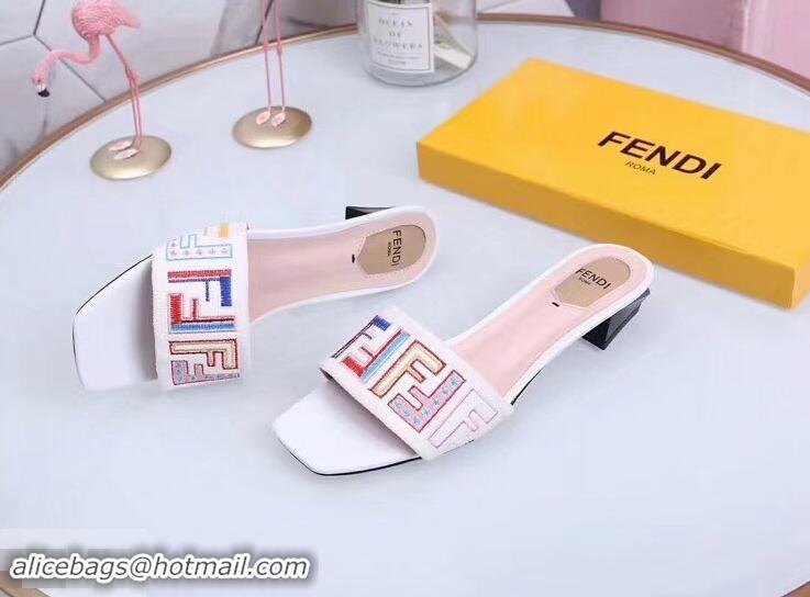 Inexpensive Fendi Heel 3.5cm Square-Toe Multicolour FF Logo Slides F93124 White 2019