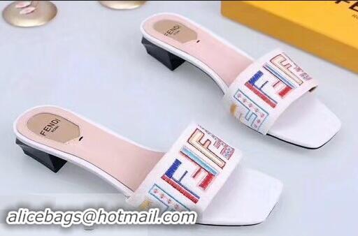 Inexpensive Fendi Heel 3.5cm Square-Toe Multicolour FF Logo Slides F93124 White 2019