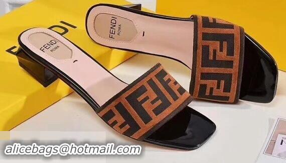 Low Price Fendi Heel 3.5cm Square-Toe FF Logo Slides F93129 Coffee 2019