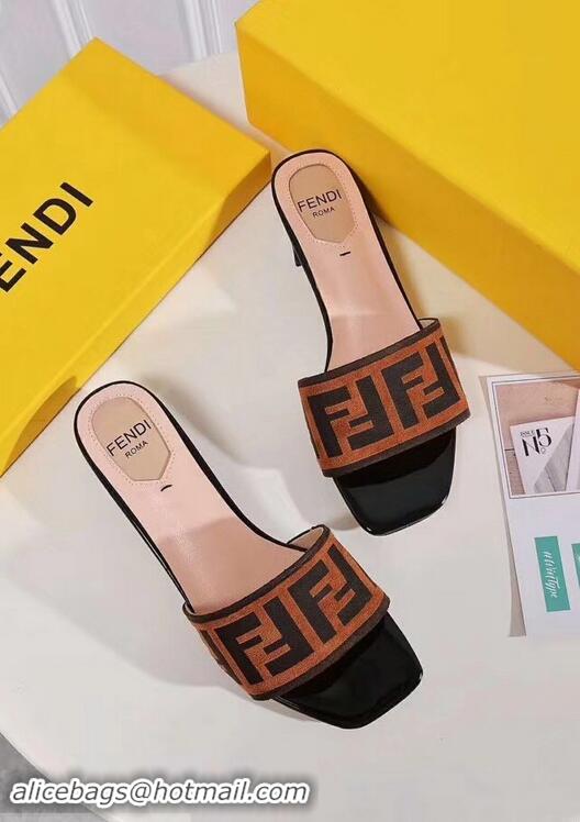 Low Price Fendi Heel 3.5cm Square-Toe FF Logo Slides F93129 Coffee 2019