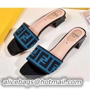 Reasonable Price Fendi Heel 3.5cm Square-Toe FF Logo Slides F93129 Blue 2019