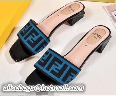 Reasonable Price Fendi Heel 3.5cm Square-Toe FF Logo Slides F93129 Blue 2019