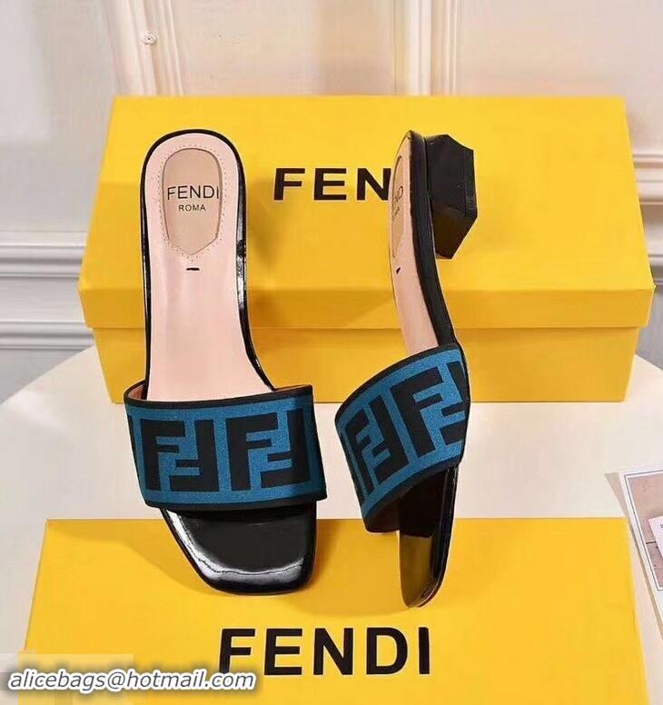 Reasonable Price Fendi Heel 3.5cm Square-Toe FF Logo Slides F93129 Blue 2019