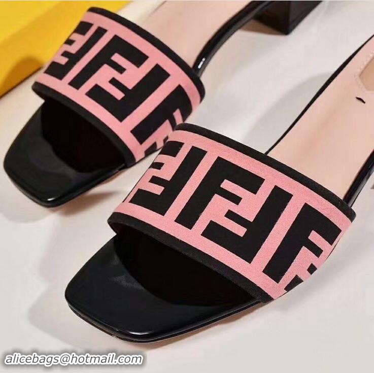 Discount Design Fendi Heel 3.5cm Square-Toe FF Logo Slides F93129 Pink 2019