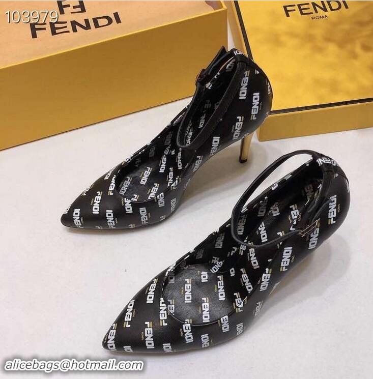 Hot Sell Fendi All Over Mania Logo Pumps F93319 Black with Strap 2019