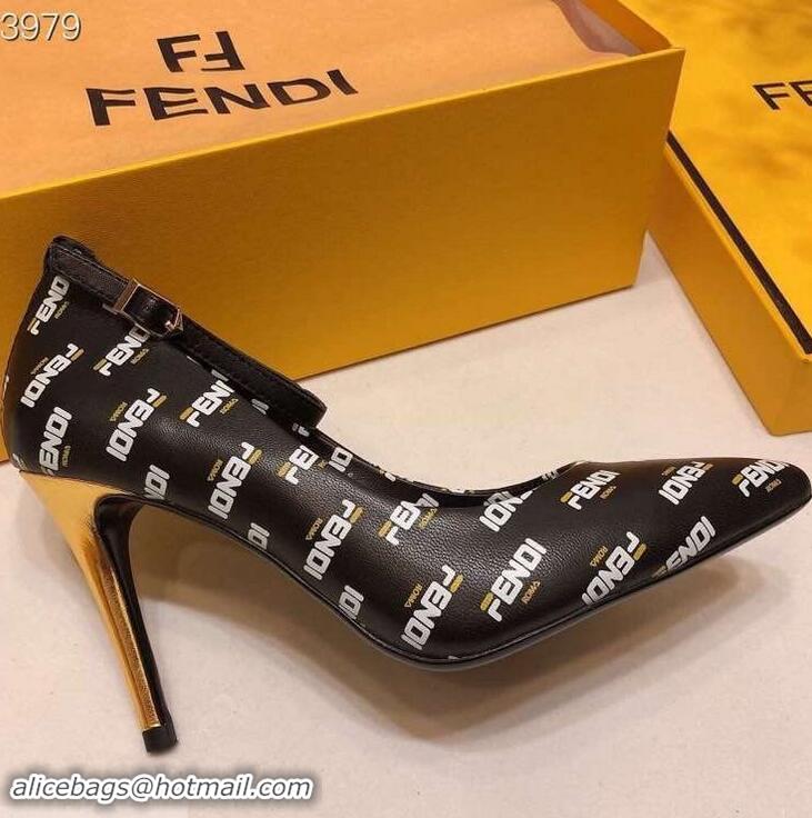 Hot Sell Fendi All Over Mania Logo Pumps F93319 Black with Strap 2019