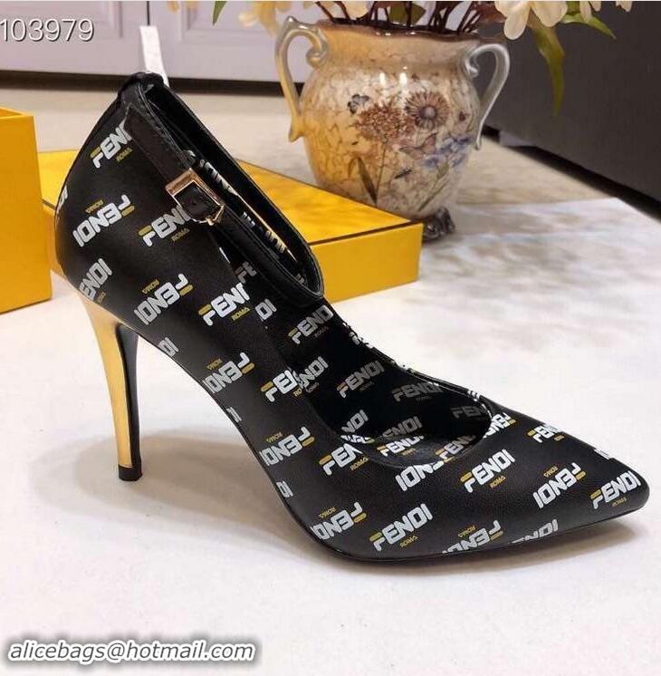 Hot Sell Fendi All Over Mania Logo Pumps F93319 Black with Strap 2019