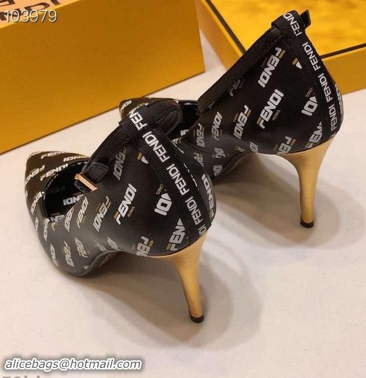 Hot Sell Fendi All Over Mania Logo Pumps F93319 Black with Strap 2019