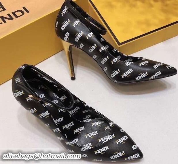 Hot Sell Fendi All Over Mania Logo Pumps F93319 Black with Strap 2019