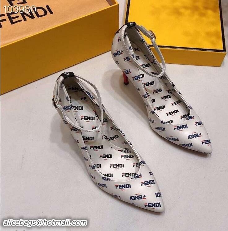 Super Quality Fendi All Over Mania Logo Pumps F93319 White with Strap 2019