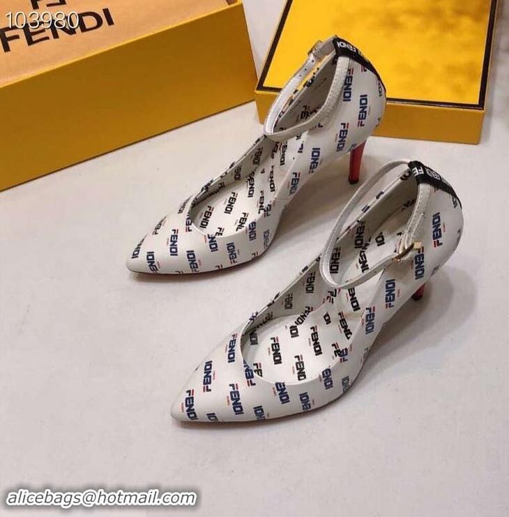 Super Quality Fendi All Over Mania Logo Pumps F93319 White with Strap 2019