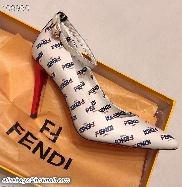 Super Quality Fendi All Over Mania Logo Pumps F93319 White with Strap 2019