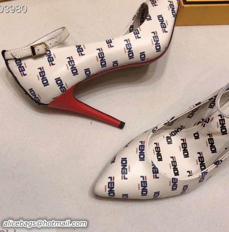 Super Quality Fendi All Over Mania Logo Pumps F93319 White with Strap 2019