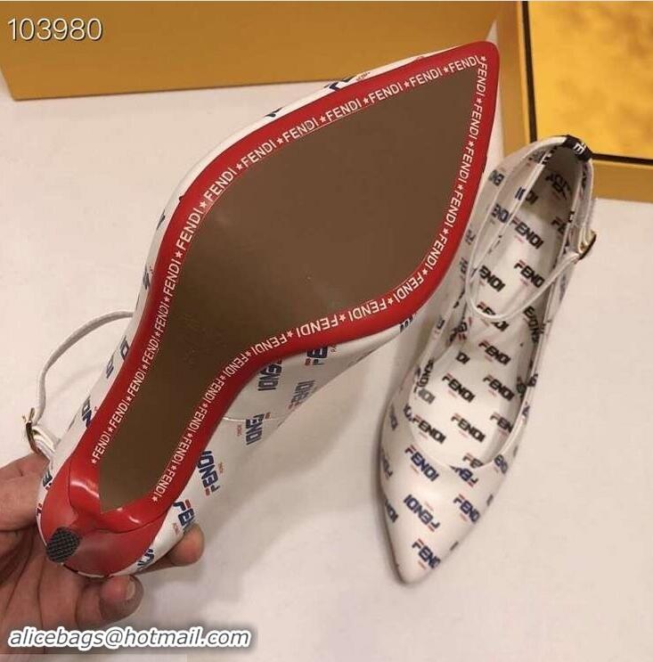 Super Quality Fendi All Over Mania Logo Pumps F93319 White with Strap 2019