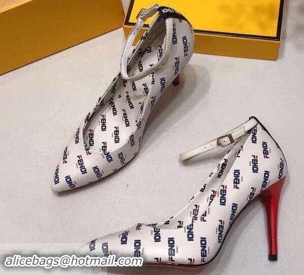 Super Quality Fendi All Over Mania Logo Pumps F93319 White with Strap 2019