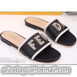 Classic Discount Fendi Crystal FENDI Logo Slides F93717 Black 2019