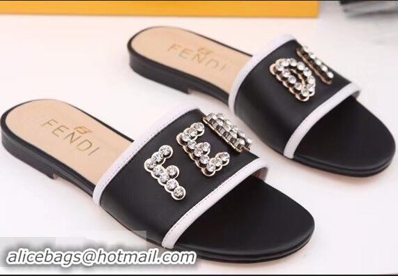 Classic Discount Fendi Crystal FENDI Logo Slides F93717 Black 2019