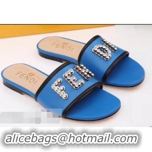 Cheapest Best Fendi Crystal FENDI Logo Slides F93717 Blue 2019