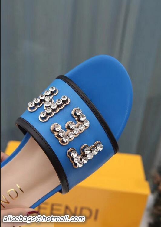 Cheapest Best Fendi Crystal FENDI Logo Slides F93717 Blue 2019