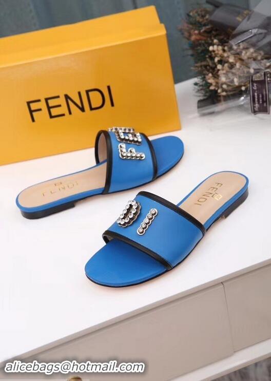 Cheapest Best Fendi Crystal FENDI Logo Slides F93717 Blue 2019