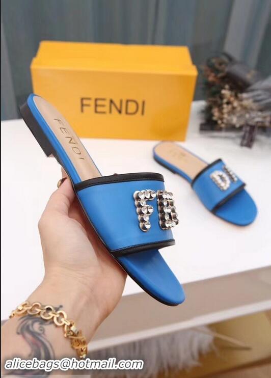 Cheapest Best Fendi Crystal FENDI Logo Slides F93717 Blue 2019