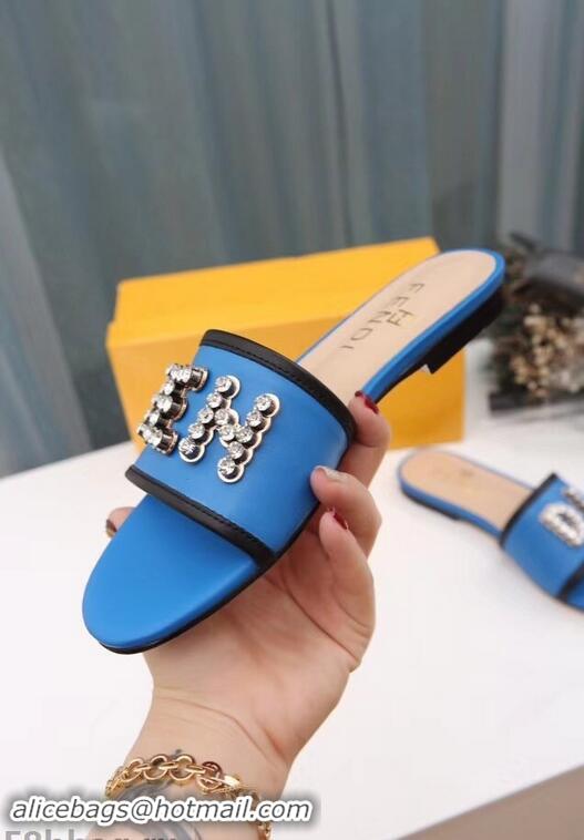 Cheapest Best Fendi Crystal FENDI Logo Slides F93717 Blue 2019