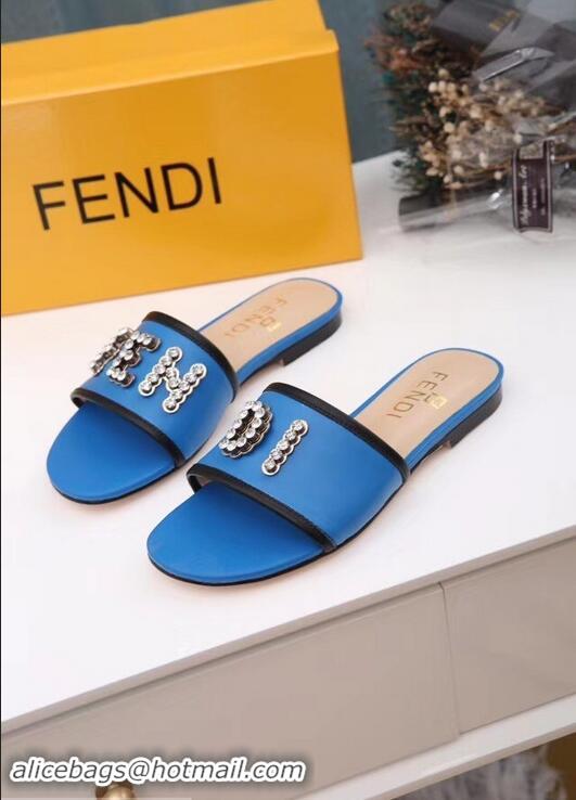 Cheapest Best Fendi Crystal FENDI Logo Slides F93717 Blue 2019