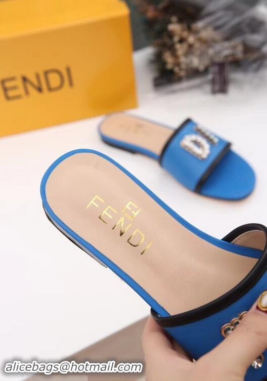 Cheapest Best Fendi Crystal FENDI Logo Slides F93717 Blue 2019