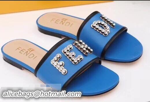 Cheapest Best Fendi Crystal FENDI Logo Slides F93717 Blue 2019