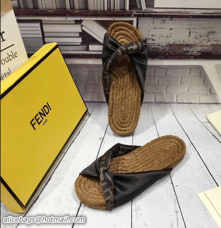 Buy Fake Fendi FF Logo Cord Sole Twist Slides Sandals F94307 Black 2019