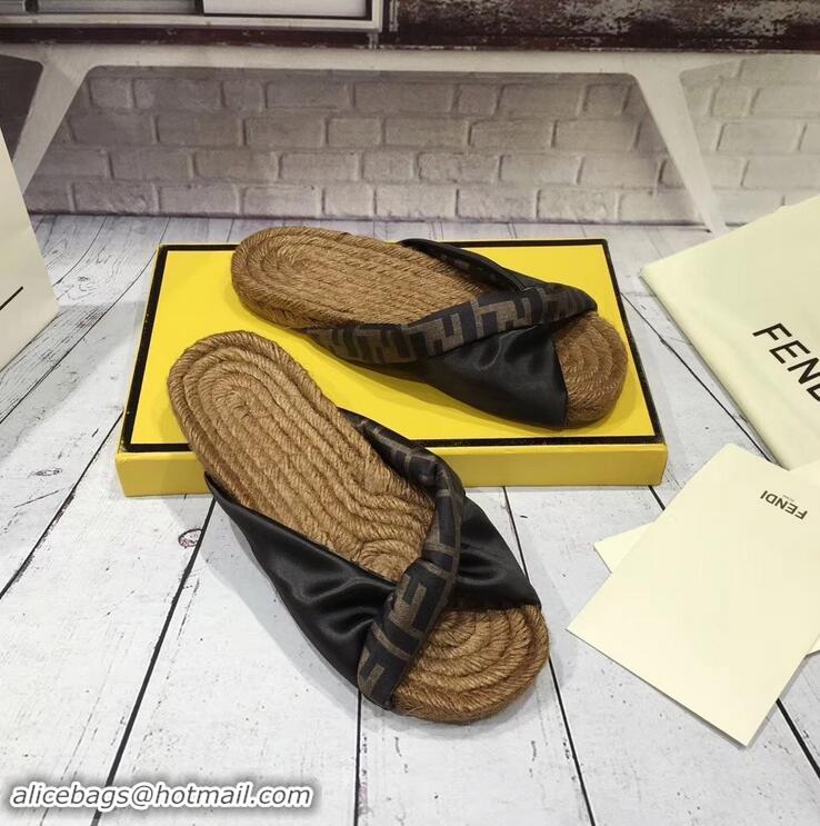 Buy Fake Fendi FF Logo Cord Sole Twist Slides Sandals F94307 Black 2019