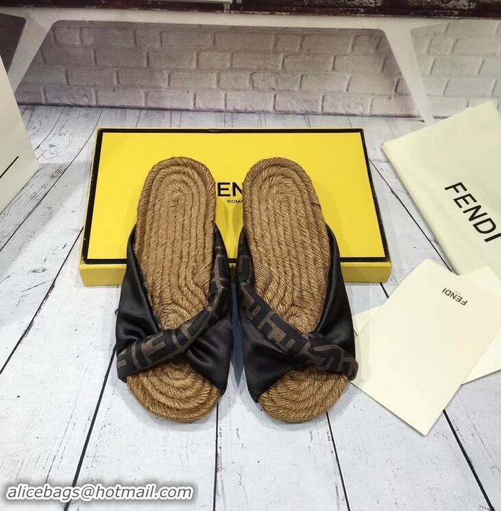 Buy Fake Fendi FF Logo Cord Sole Twist Slides Sandals F94307 Black 2019